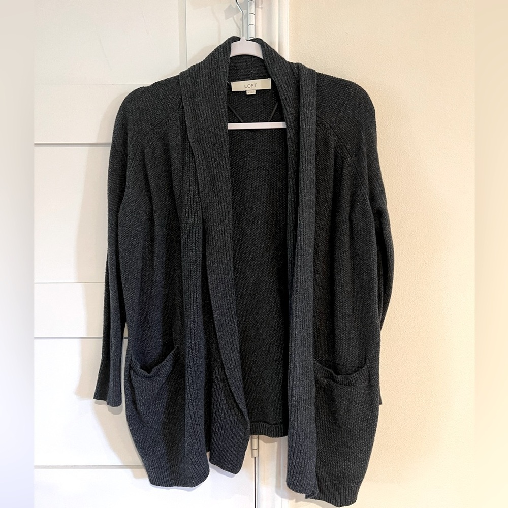 LOFT Dark Gray Cowl Neck Wool Cardigan with Pockets Size Medium EUC